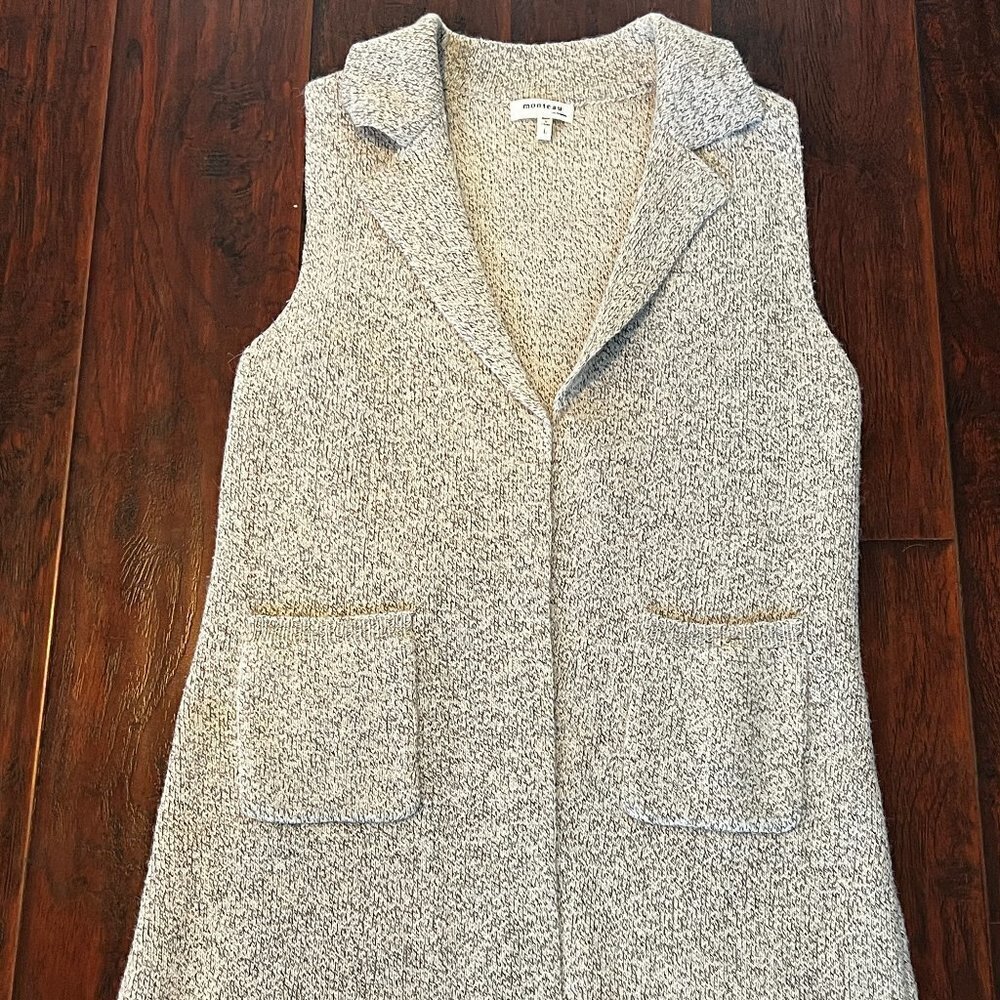 Monteau Los Angeles Grey Marled Knit Longline Vest Cardigan Pockets Size Large